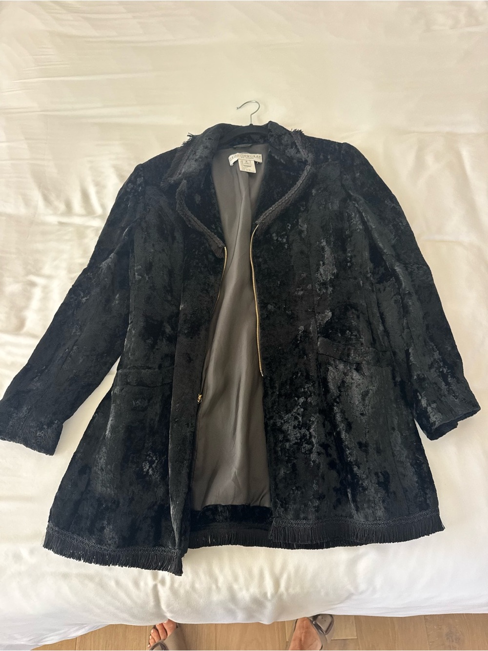 Griffith Gray St. John Black Velvet coat with fringe lining